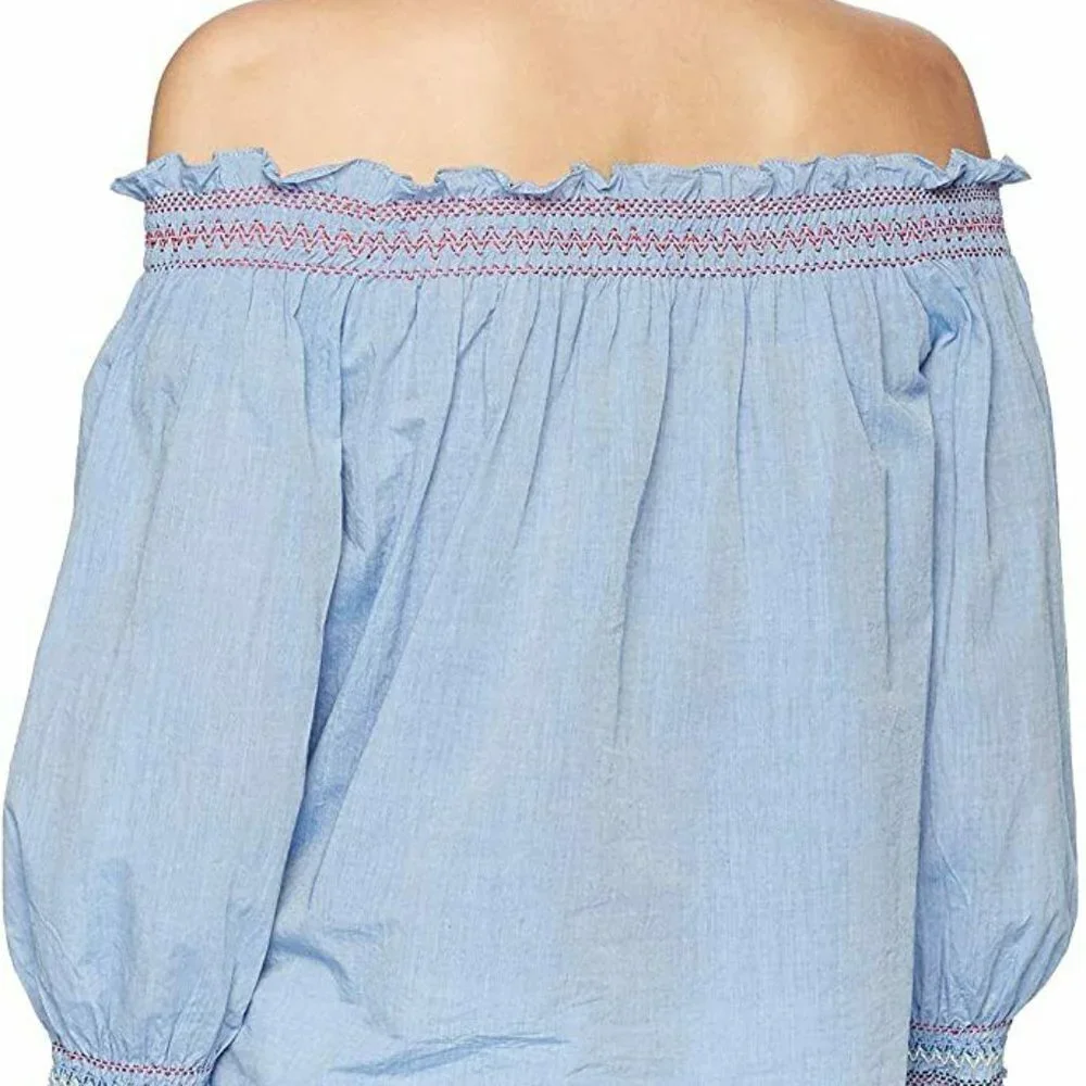 NWT Joie Off-the-Shoulder Floral Embroidered Chambray Top Blue Blouse Size XS - Picture 11 of 12